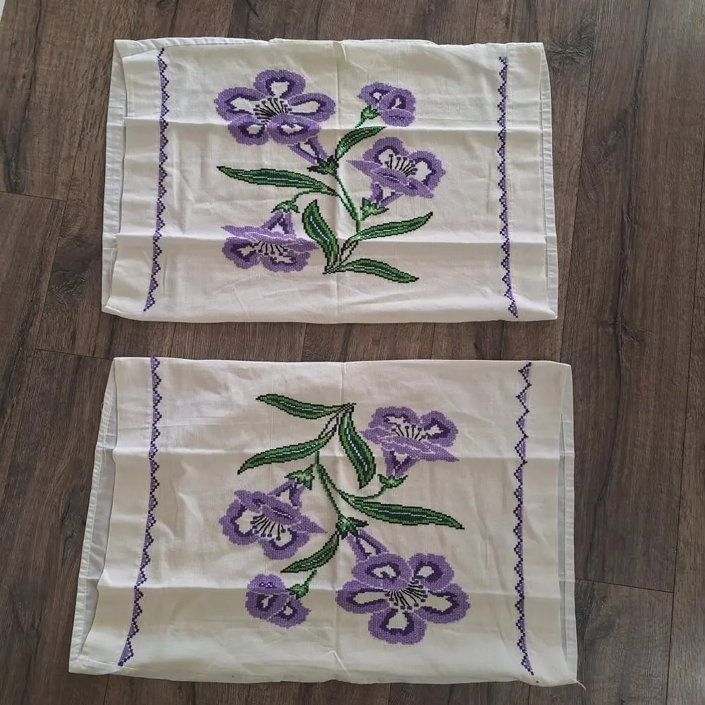 Vintage hand embroidered standard pillow case set of 2 purple flowers